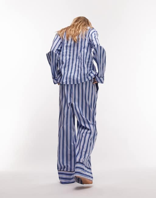 Topshop cotton stripe piped shirt and trouser pyjama set in navy