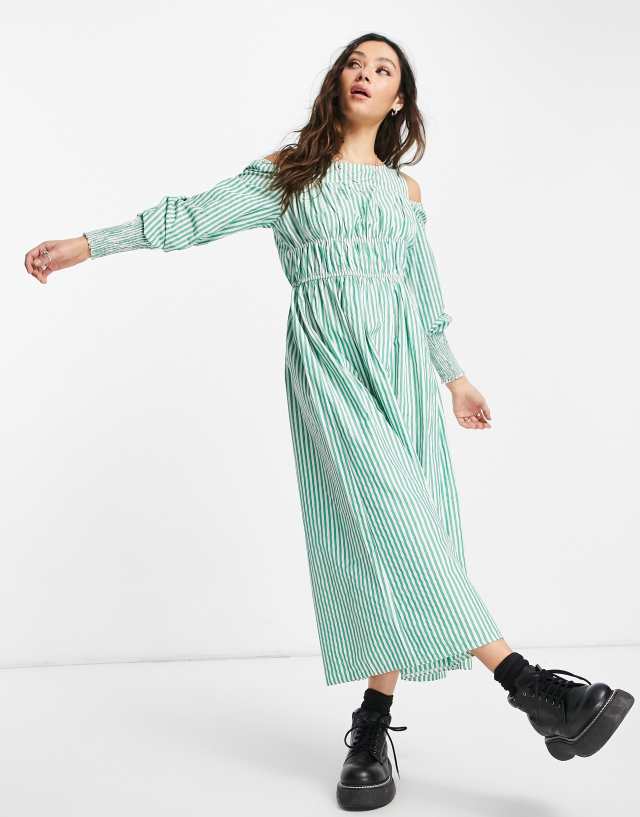 Topshop - cotton stripe poplin midi dress in green