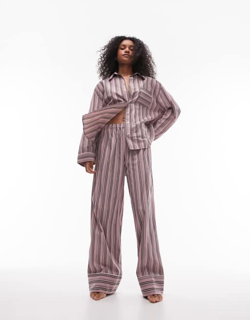 Topshop cotton stripe pyjama shirt and trouser pyjama set in pink