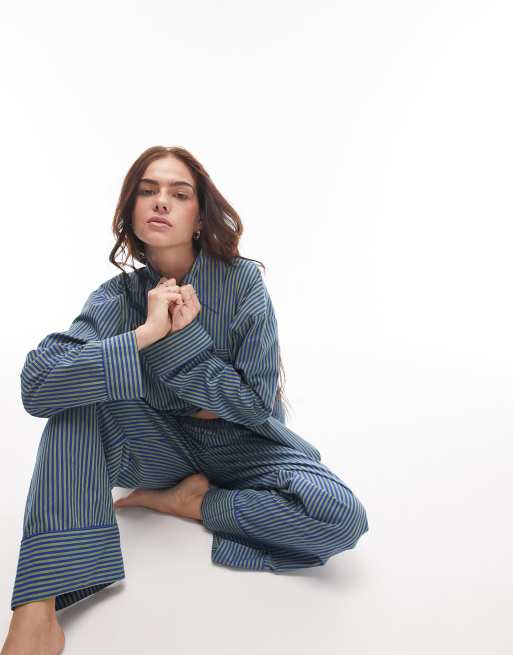 Topshop cotton stripe shirt and pants pajama set in green and blue