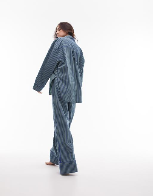 Topshop cotton stripe shirt and trouser pyjama set in green and blue , 2 of 4