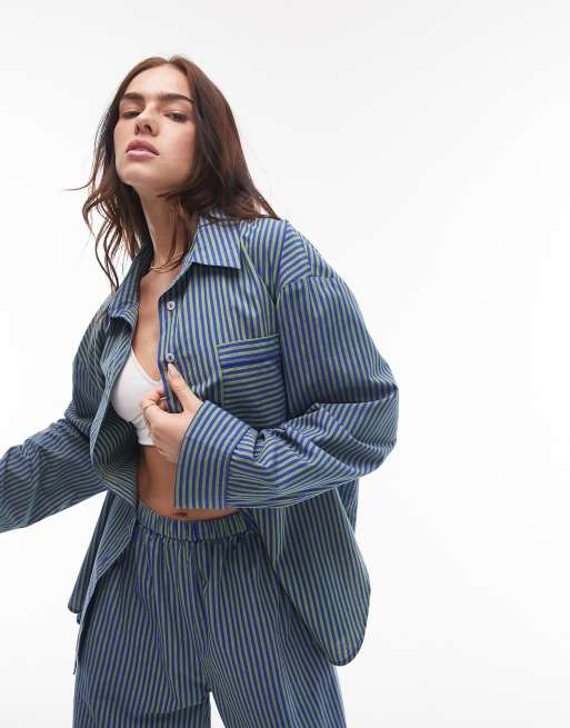 Topshop cotton stripe shirt and trouser pyjama set in green and blue , 3 of 4
