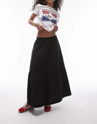 cotton tiered midi skirt in black-Multi