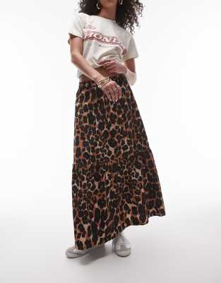 Topshop cotton tiered midi skirt in leopard print-Multi