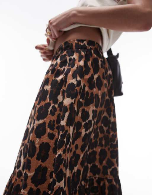 Topshop cotton tiered midi skirt in leopard print ASOS