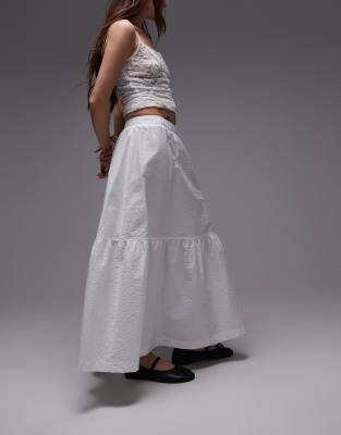 Topshop Cotton Tiered Midi Skirt In White