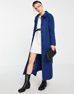 Topshop cotton trench coat with buttons in blue - ASOS Price Checker