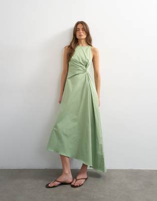 Cotton twill racer neck maxi dress with tuck side detail in sage green