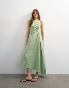Cotton twill racer neck maxi dress with tuck side detail in sage green