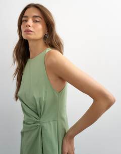Model wearing Cotton twill racer neck maxi dress with tuck side detail in sage green