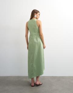 Model wearing Cotton twill racer neck maxi dress with tuck side detail in sage green