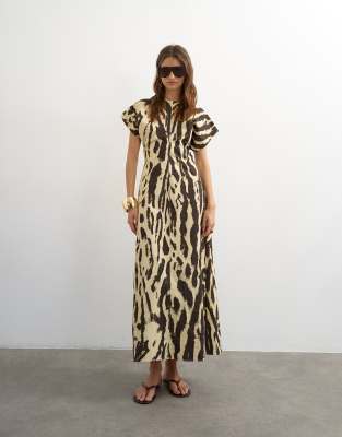 Topshop cotton twill structured drop shoulder maxi dress in mono animal print