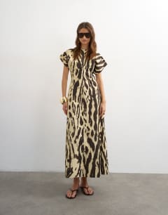 Cotton twill structured drop shoulder maxi dress in mono animal print
