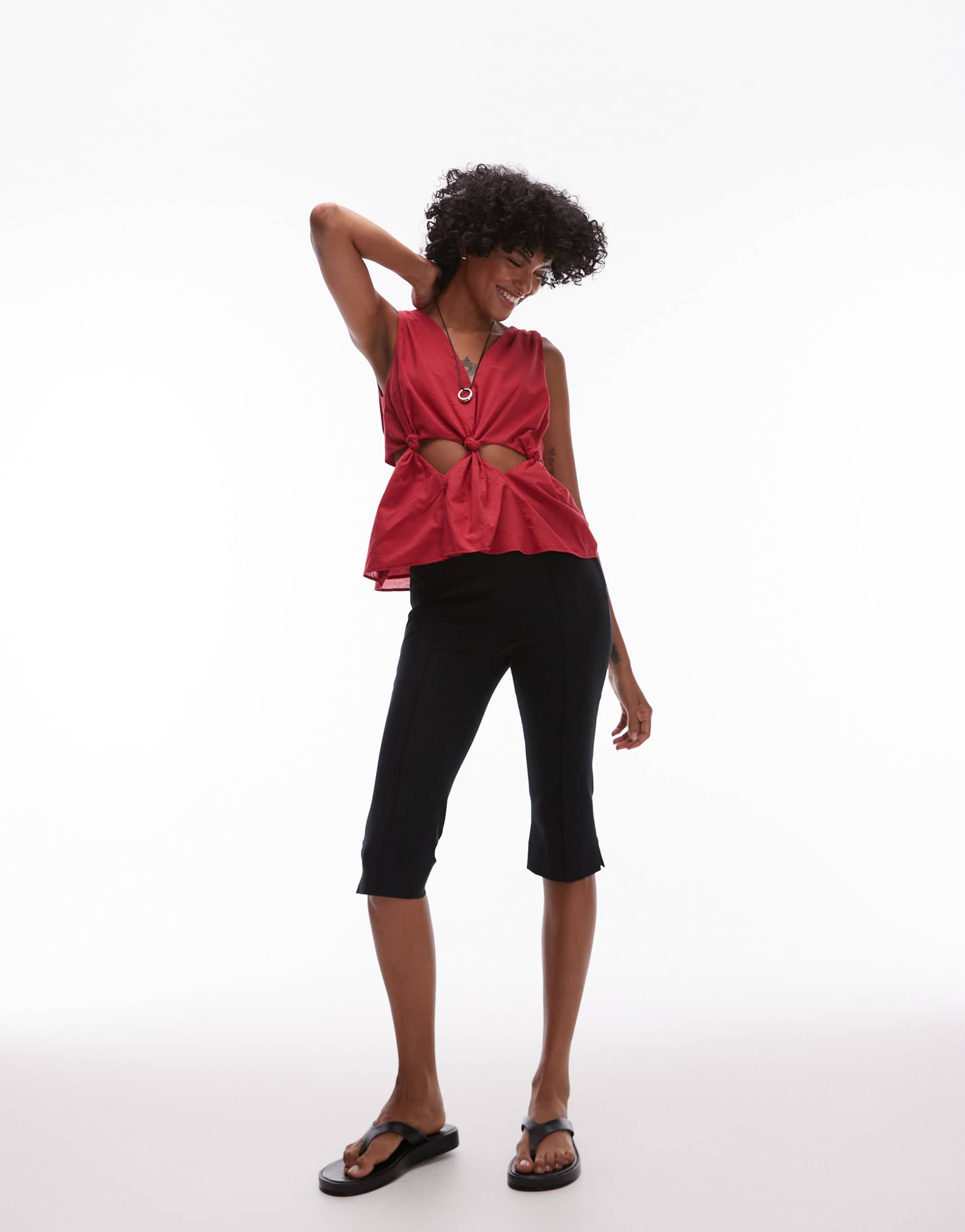topshop cotton voile sleeveless knot waist top in red