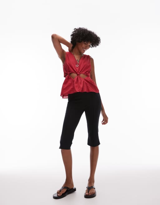 Topshop cotton voile sleeveless knot waist top in red, 2 of 4