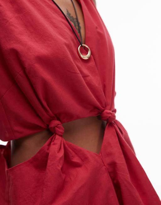 Topshop cotton voile sleeveless knot waist top in red, 3 of 4