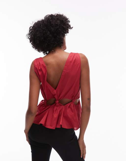 Topshop cotton voile sleeveless knot waist top in red, 4 of 4
