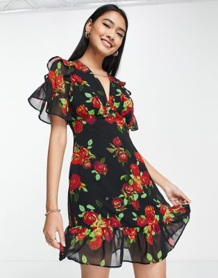 Topshop cow girl rose print mini tea dress in black | ASOS