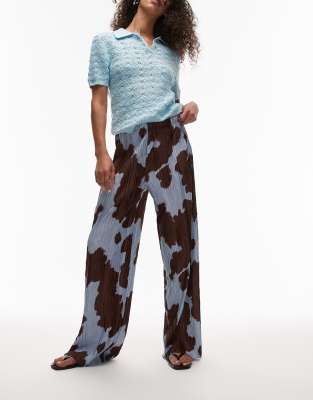 Topshop cow print plisse trousers in blue-Green