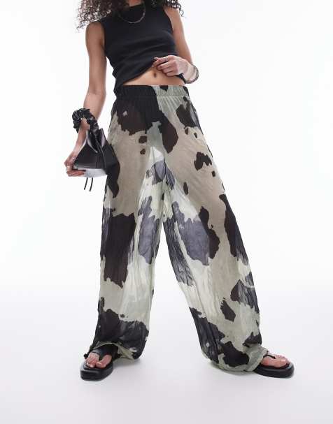 Topshop cow print sheer crinkle pants in multi - view 1