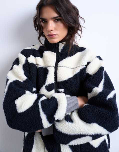 Topshop cow print teddy fleece jacket in black and white - view 1