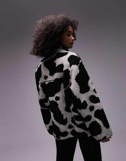 Topshop cow print zip up borg fleece jacket in multi