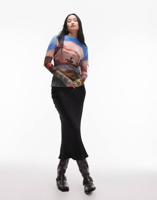 Topshop cowboy crinkle long sleeve top in multi