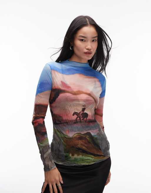 Topshop cowboy crinkle long sleeve top in multi