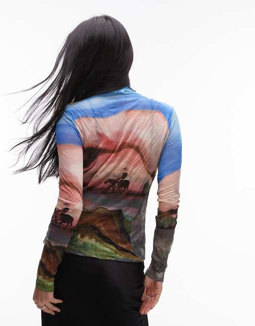 Topshop cowboy crinkle long sleeve top in multi