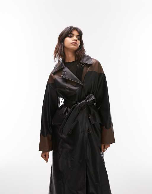 Topshop - Cowboy-trenchcoat i sort og chokoladebrunt PU 