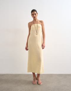 Model wearing Cowl back bandeau midi dress in buttermilk