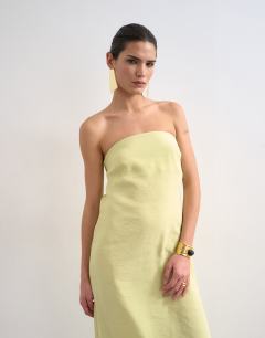 Model wearing Cowl back bandeau midi dress in cupro lime