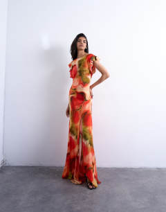 Cowl back flutter sleeve maxi dress in abstract floral