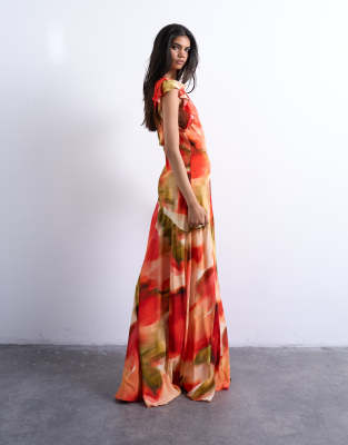 Topshop Cowl Back Flutter Sleeve Maxi Dress In Multi