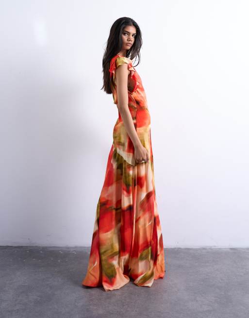 Topshop cowl back flutter sleeve maxi dress in abstract floral
