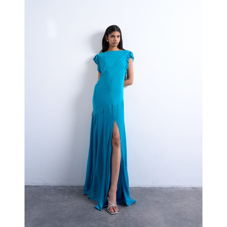 Topshop cowl back flutter sleeve maxi dress in Air Force blue ASOS