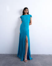 Topshop cowl back flutter sleeve maxi dress in airforce blue