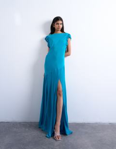 Cowl back flutter sleeve maxi dress in airforce blue