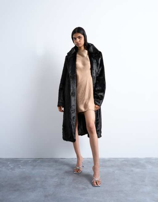 Topshop cowl back long sleeve mini satin dress in caramel, 2 of 4