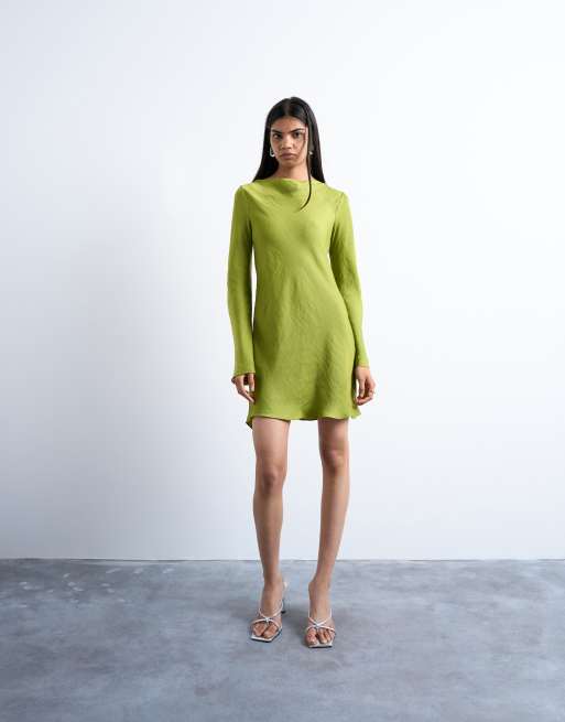 Topshop cowl back long sleeve mini satin dress in green, 2 of 4
