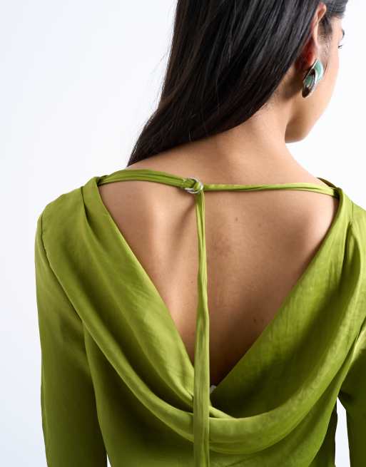 Topshop cowl back long sleeve mini satin dress in green, 3 of 4
