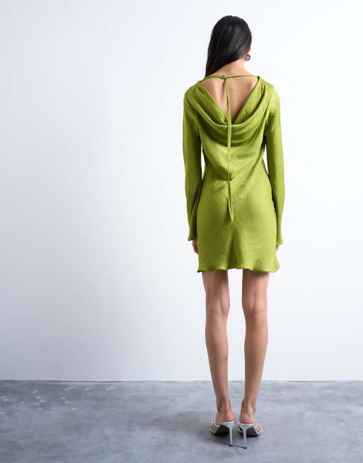 Topshop cowl back long sleeve mini satin dress in green, 4 of 4