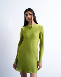 Cowl back long sleeve mini satin in green