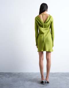 Model wearing Cowl back long sleeve mini satin in green