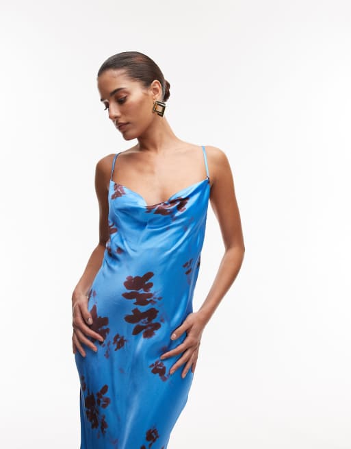 Topshop cowl maxi slip dress in blue floral