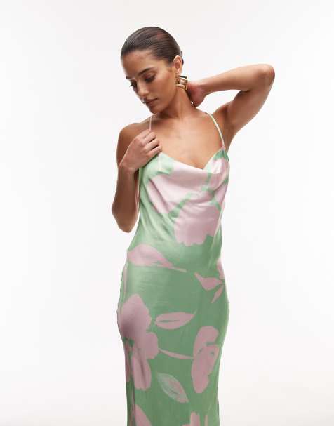 Topshop cowl maxi slip dress in lime and pink floral - view 1