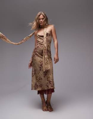 cowl maxi slip dress in oxblood animal print-Multi
