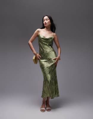 cowl midi slip dress placement lace in green print