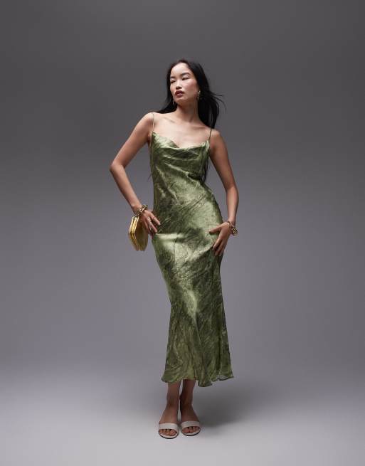 Topshop cowl midi slip dress placement lace in green print