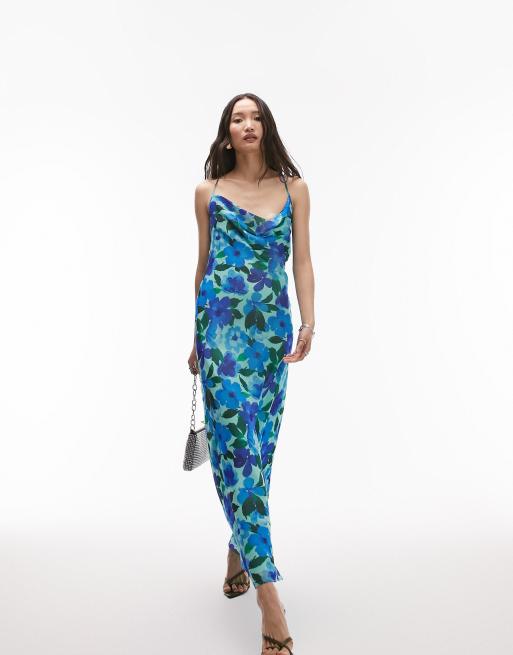 Topshop cowl neck cami maxi slip dress in blue floral print ASOS